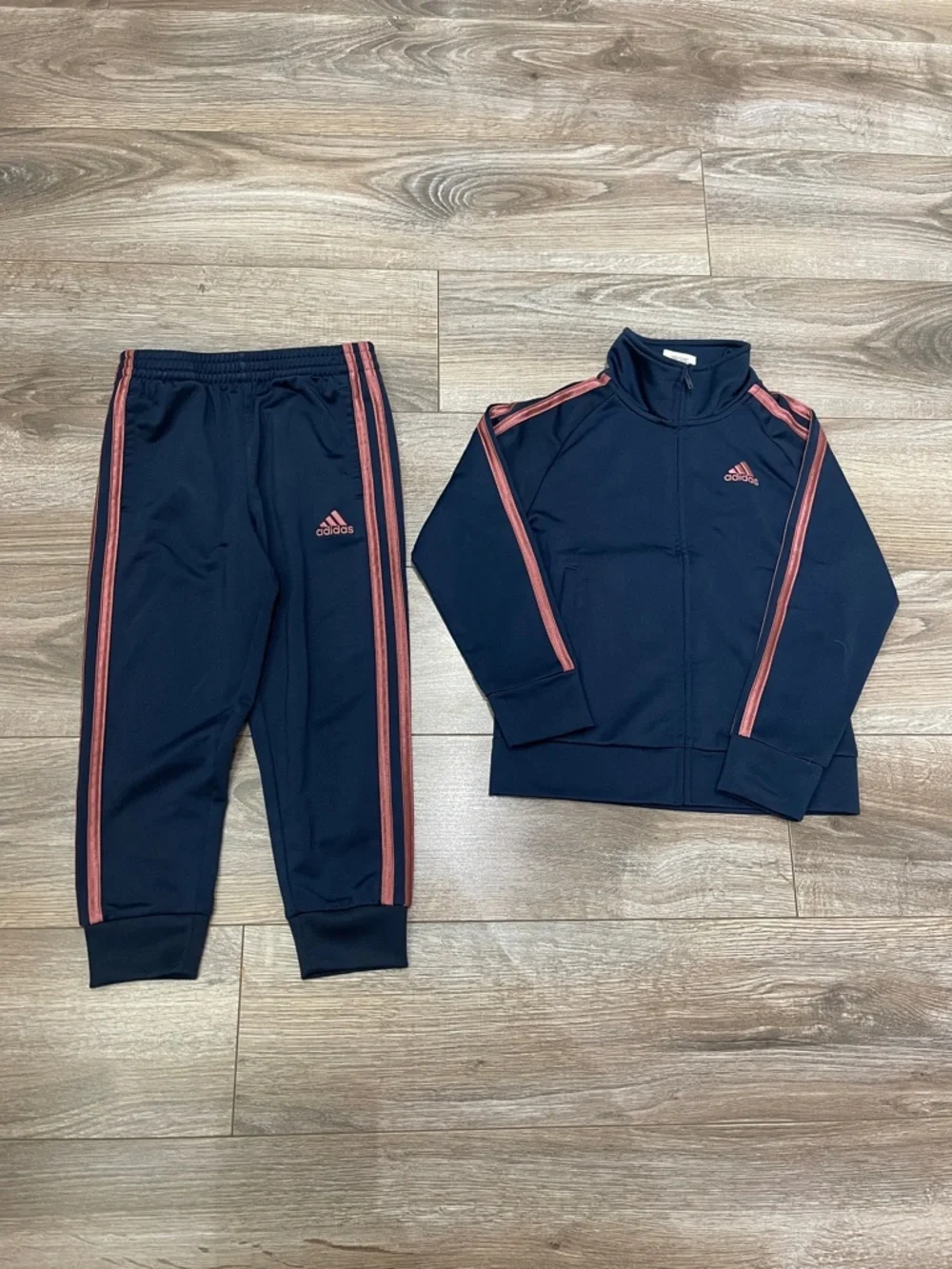 Adidas 2 Piece Tracksuit Set 4T Navy Pink Stripes Zip Jacket Joggers - Picture 1 of 6